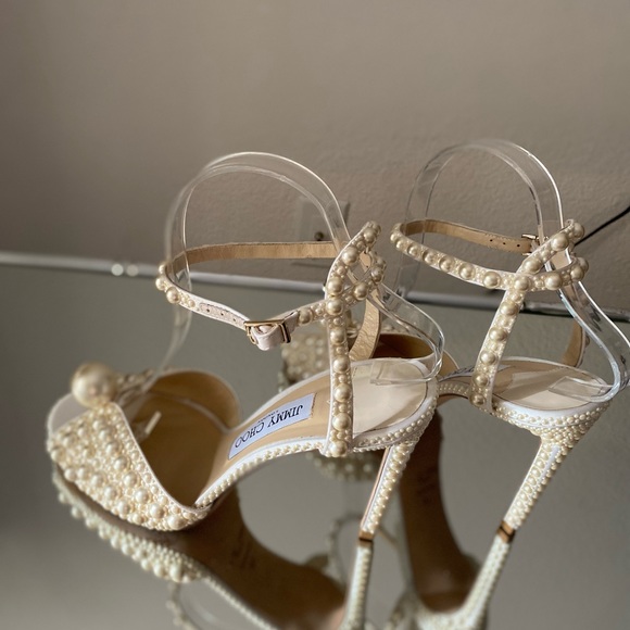 Like new Jimmy Choo Sacora 100 White Satin Sandals with All Over Pearls $1,950 - Picture 12 of 17